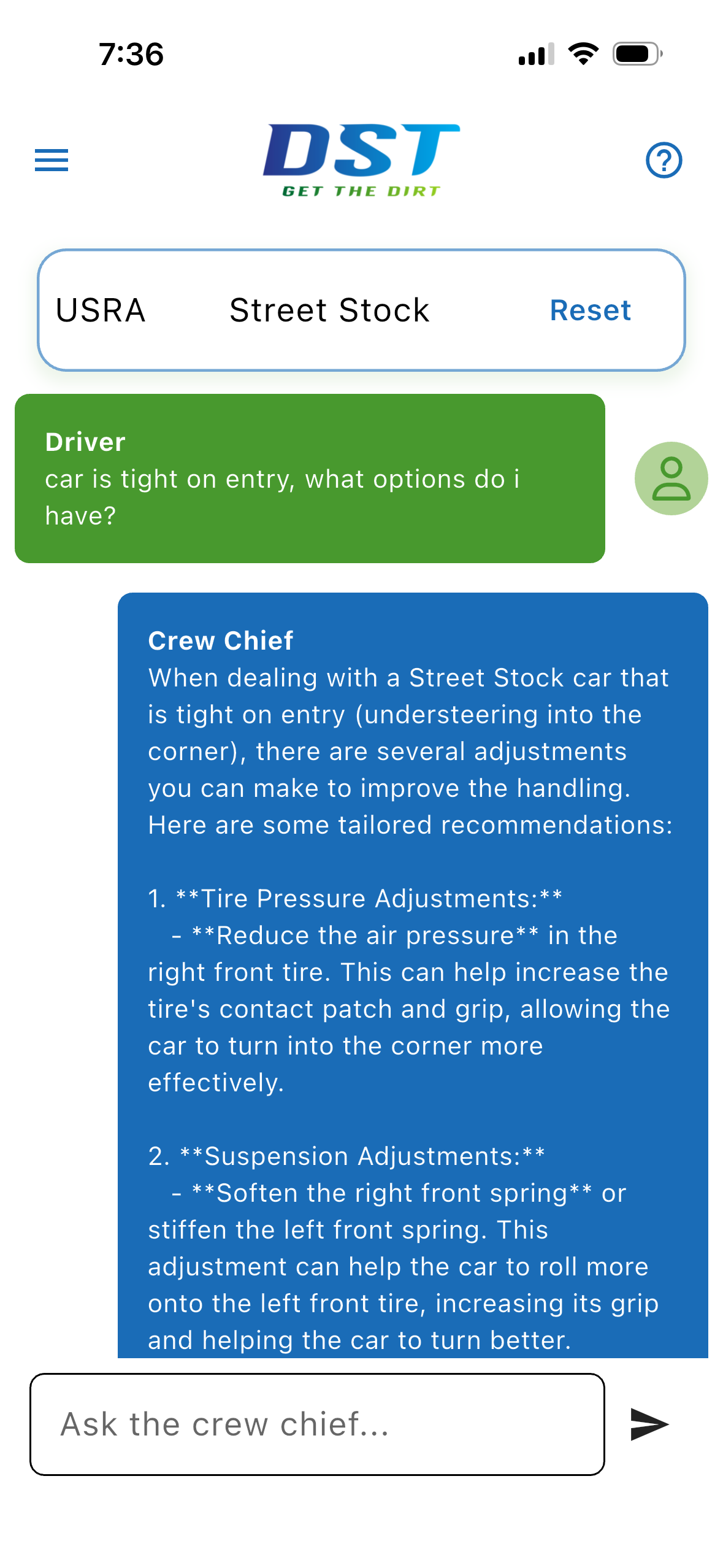 DST setup summary with gear, tire, and shocks recorded