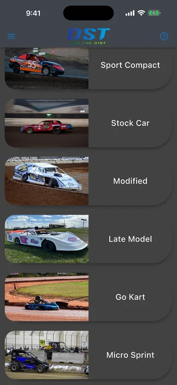 Setup sheet class list showing sport compact, stock car, modified, late model, go kart and micro sprint.