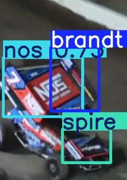 Broadcast frame with boxes around the NOS, Brandt and Spire logos on a sprint car.