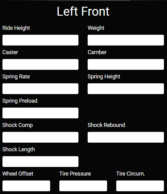 Setup sheets vary by car type